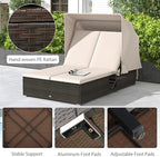 RELAX4LIFE Outdoor Daybed with Retractable Canopy - Wicker Double Chaise Lounge w/6-Position Backrest, 2 Folding Side Trays & Cushions, 2-Seater Loveseat Sunbed for Backyard, Rattan Patio Bed Lounger