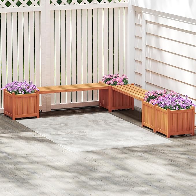 Giantex 2-in-1 Outdoor Bench with 2 Raised Garden Beds, Wood with Teak Oil Finish, Garden Bench Seat with Planter Boxes for Porch Balcony Lawn Yard, DIY Assembly, Orange