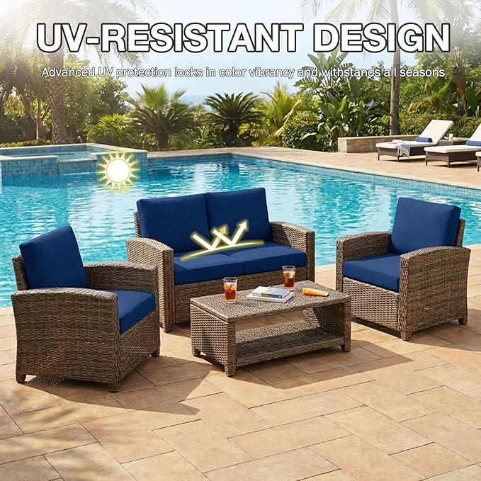 Cushion Covers 4-Piece Navy Stretch Patio Set with Anti-Slip Straps