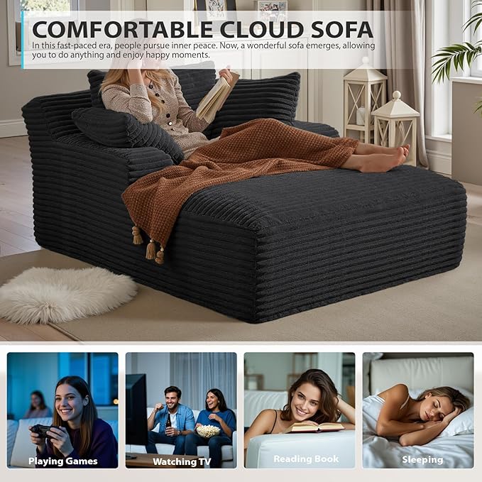 67 Inch Oversized Chaise Lounge Chair Indoor, Corduroy Upholstered Boneless Sofa Bed, Deep Seat Sleeper Couch Reading Chairs, Cloud Sofas Couches for Living Room, No Assembly Required (Black)