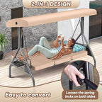 3 Seat Outdoor Porch Patio Swing with Stand 800lbs 2-in-1 Convertible Swing Bed with Adjustable Canopy & Removable Cushion for Yard Garden Deck (Khaki, Round Tube)