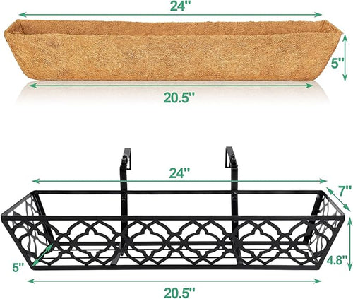 2pcs 24 Inch Window Deck with Coco Liner, 24" Window Boxes Horse Trough with Coconut Coir Liner, Metal Hanging Flower Planter Window Basket Deck Railing Planter Boxes for Outdoor Indoor Lawn