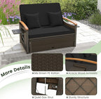 Tangkula Patio Rattan Daybed with 4-Level Adjustable Backrest, Outdoor Wicker Loveseat with Acacia Wood Armrest, Storage Ottoman & Folding Tray, Double Sunbed for Balcony, Backyard & Poolside (Black)
