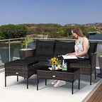 Conversation Set, 3-Piece Black Rattan Patio Set with Glass Table