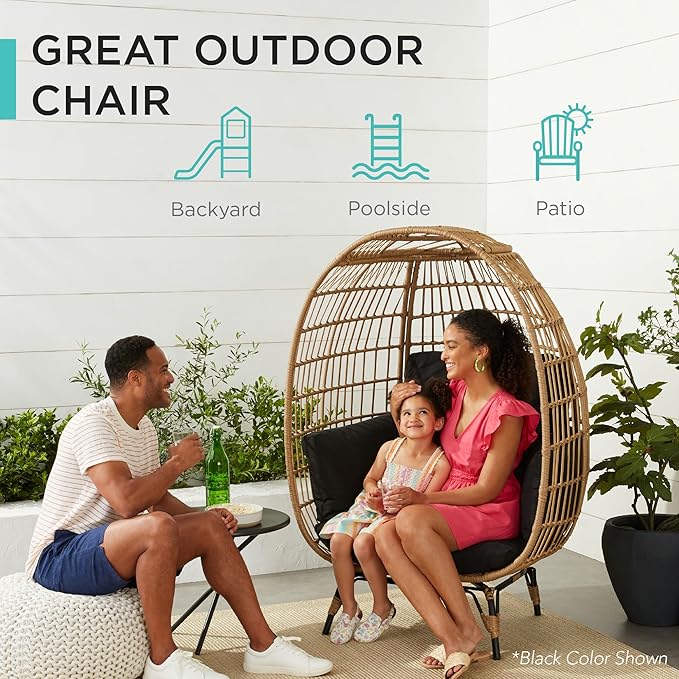 Best Choice Products Wicker Egg Chair, Oversized Indoor Outdoor Lounger for Patio, Backyard, Living Room w/ 4 Cushions, Steel Frame, 440lb Capacity - Gray/White Sand