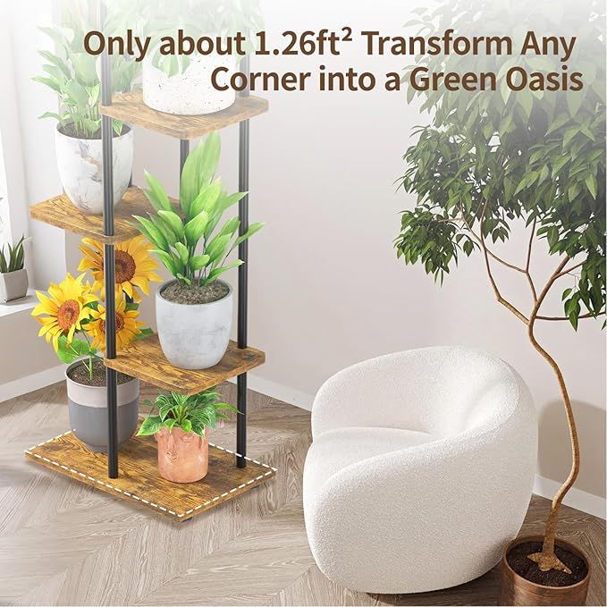 LASZOLA Black 6 Tier Wood Tall Plant Stand Indoor with Grow Lights, Large Heavy Duty Vertical Corner Rack for Multiple Planter, Sturdy Metal Rustic High Flower Shelf Holder Organizer for House Patio