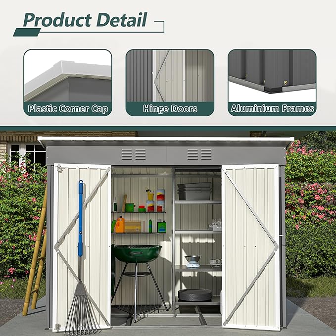 Storage Shed, 8 x 4 ft Galvanized Steel with Floor Frame, Gray