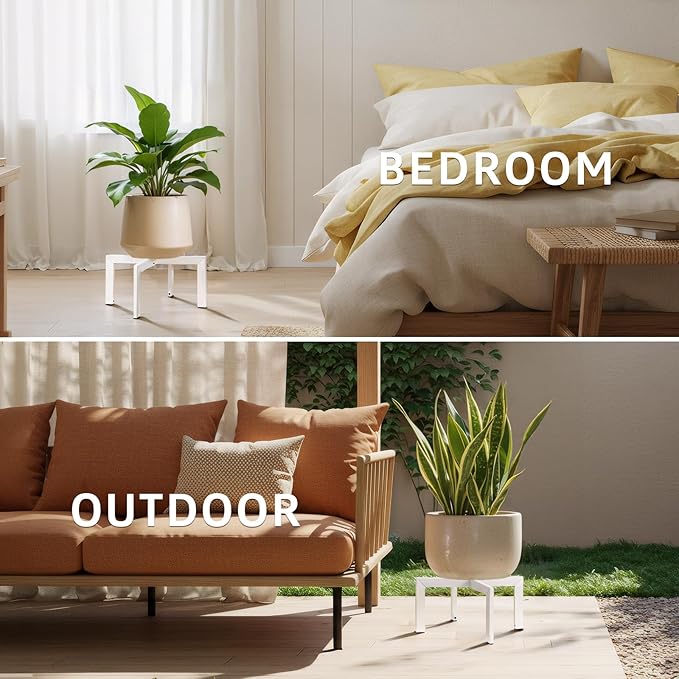 IZIDDO Plant Stand Indoor Outdoor, Metal Mid-Century Pot Stand, Modern Plant Holder Rattan Flower Plant Stool, Low Short Plant Stands for Indoor Fit 5-12 Inch Pot, (Pot & Plant Not Included), White, 4