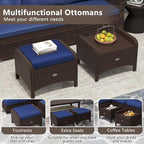 RELAX4LIFE Wicker Outdoor Ottomans for Patio - Set of 2 Rattan Footstools w/Removable Cushions, Multipurpose Outside Foot Rest, Side Table & Additional Seating for Porch Garden Backyard (Navy)
