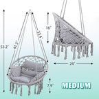 Macrame Hammock Hanging Swinging Chair with Medium Cushion, Perfect for Bedroom, Porch, Adults, Balcony, Grey