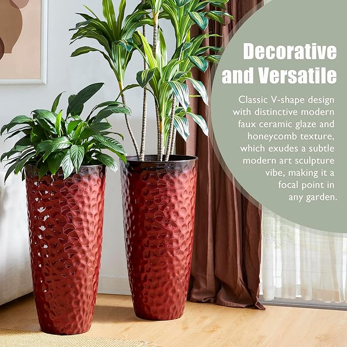 Glitzhome 31" H Large Plastic Tall Planters,Set of 2 Honeycomb Textured Gradient Red Tall Plant Pots with Drainage Holes,Oversized Planters Flower Pots for Indoor Outdoor Front Porch Patio