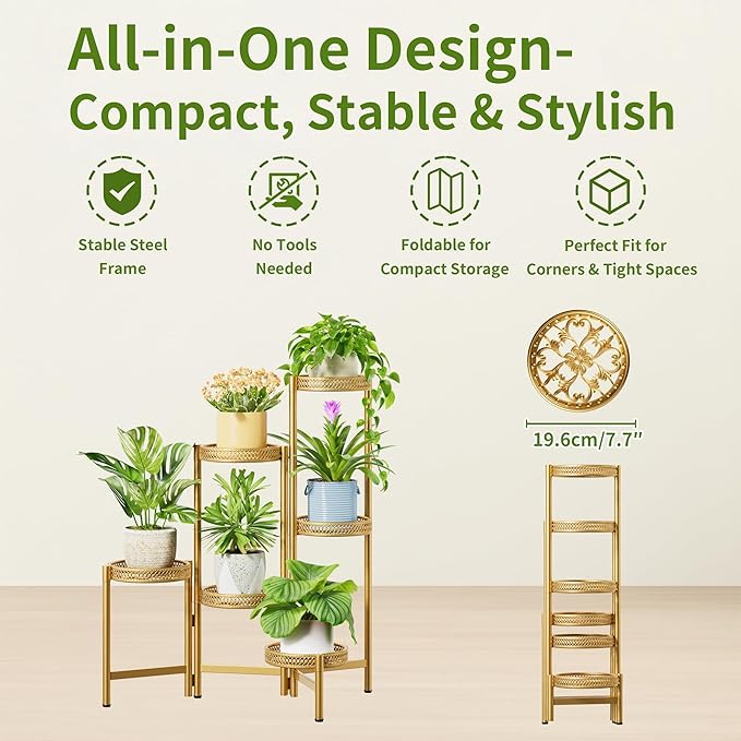 7 Tiered Metal Corner Plant Stand Indoor Outdoor, Tall Large Folding Rack with Rust Proof 10 Inch Wide Tray, Heavy Duty Flower Shelf for Multiple Plants for Patio - GoldWave