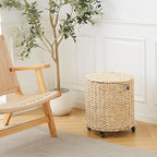 Wimarsbon Round Pouf Ottomans, Handwoven Natural Water Hyacinth Seagrass Pouffe,Outdoor Rattan Stool Accent Seat, Bohemian Coastal Home Decor (Storage Ottoman - Corn Husk)