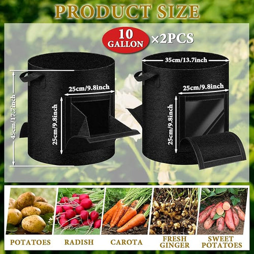 2 Pack 10 Gallon Potato Grow Bags with Pull-Down Harvest Window, Potato Bags for Growing Potatoes Heavy Duty Thickened Nonwoven Fabric Gardening Vegetable Growing Bags with Visible Window