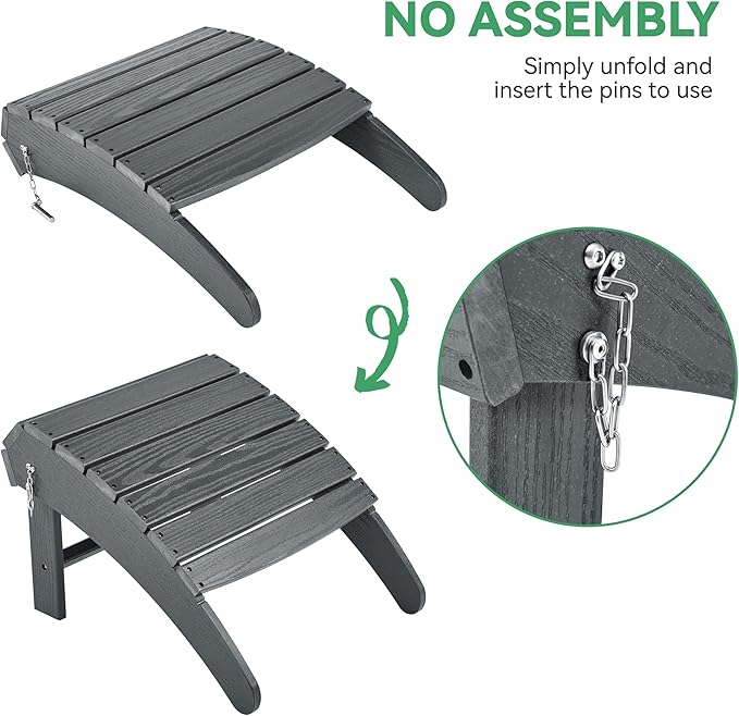 Yaheetech Adirondack Ottoman Footrest for Adirondack Chair,HDPE All Weather Outdoor Folding Foot Stool for Porch, Backyard, Lawn, Gray