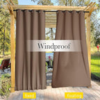 NICETOWN 2 Panels Outdoor Curtains for Patio Waterproof Top & Bottom Grommet & Back Tab, Blackout Outdoor Drapes with Rope for Fixed Windproof Privacy Sun Blocking for Porch, W46 x L90, Tan-Khaki