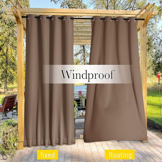 NICETOWN 2 Panels Waterproof Outdoor Curtains Fixed Grommet & Back Tab on Top & Bottom, Thermal Insulated Keep Rain & Sun Out Blackout Windpoorf Outdoor Draperies with Rope, W52 by L108, Tan-Khaki