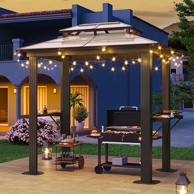 Aoxun Grill Gazebo 8 x 5FT, Outdoor Barbecue Gazebo with Double Polycarbonate Top, Aluminum Grill Canopy with Shelves for Patio, Lawn, Garden