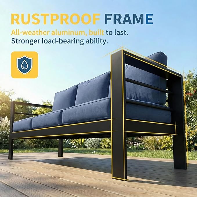 Solaste Aluminum Patio Furniture Set for All Weather, Modern Metal Outdoor Furniture Set with 27.5" Deep Seating and 3.2" Wide Armrest, Outdoor Patio Conversation Set with 10" Back Cushion, Blue