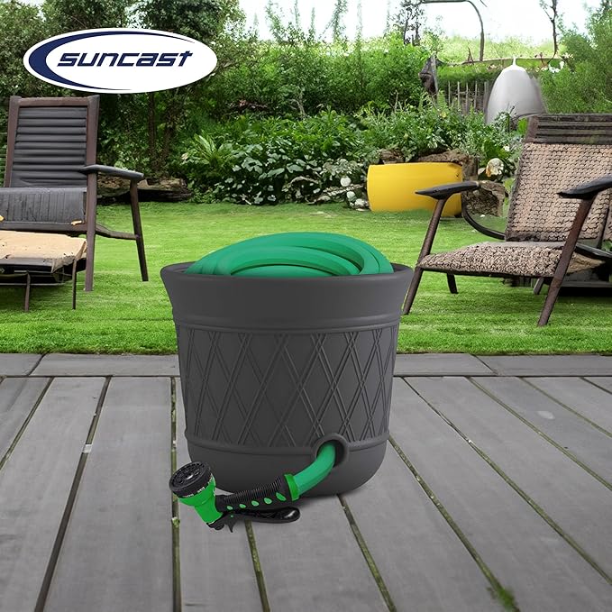 Suncast Lattice Hose Pot for Outdoor Garden Storage, Peppercorn - Holds 300 ft Expandable or 50 ft Standard 5/8" Vinyl Hoses, Resin Hideaway Organizer with Drainage and Water Supply Port