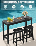 SERWALL 3-Piece Outdoor Bar Set, Rectangular All Weather HDPE Bar Height Patio Set, Outdoor High Top Table and Stools for for Outside, Poolside, Backyard, Garden, Black