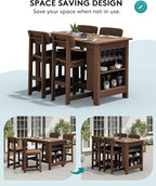 SERWALL 3-Piece Outdoor Counter Height Bar Set, HDPE Patio Bar Table with Wine Rack & Storage Shelf, 2 All-Weather Bar Stools, Patio Bar Dining Furniture Set for 3, Brown