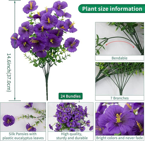 24 Bundles Artificial Pansy Flowers for Outdoor, Faux Silk Pansies Spring Flowers Outside for Planter Front Door Porch Patio Yard Window Box Home Decor (Purple)