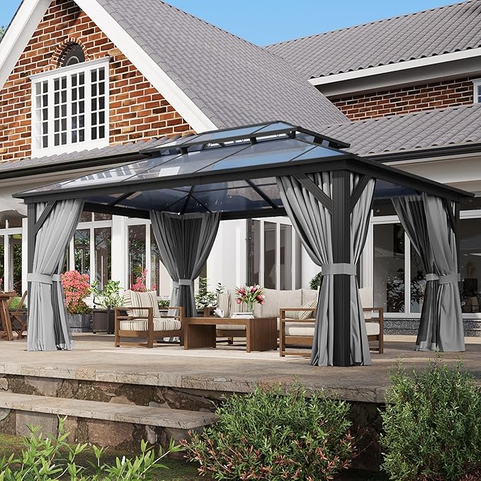 Aoxun 12'x16' Hardtop Gazebo, Aluminum Frame Permanent Pavilion with Curtains and Netting, Outdoor Polycarbonate Double Roof Canopy, Designed for Garden, Lawns, Patio