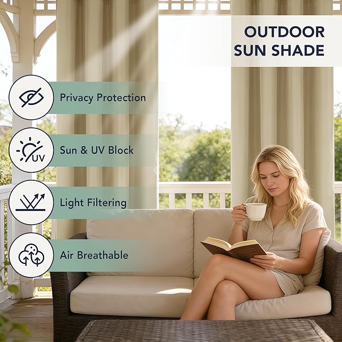 Extra Wide Outdoor Curtains Waterproof for Patio - 6 Panels Privacy Weatherproof Outside Curtains with Grommets for Gazebo, Pergola, Porch, Cabana, Balcony, 110 x 95 Inch, Cream