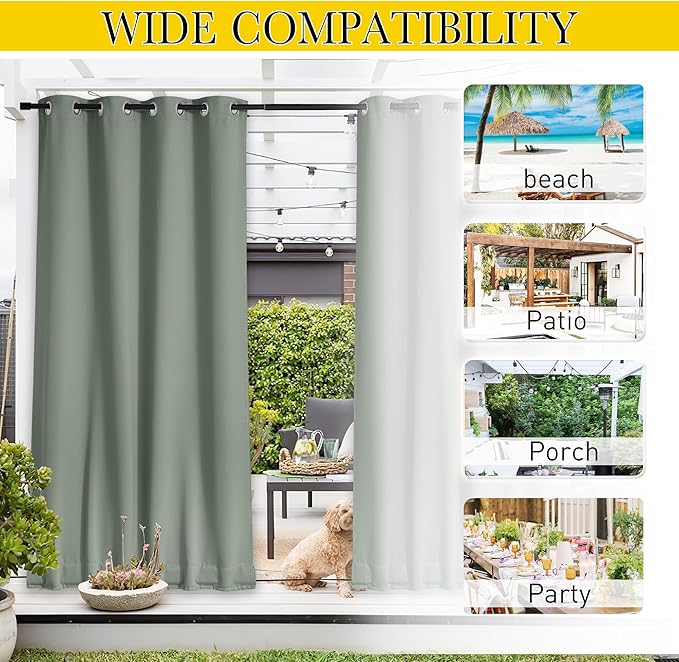 NICETOWN 2 Panels Outdoor Curtains for Patio Waterproof & Windproof, Extra Wide Grommet & Back Tab on Top & Bottom Thermal Insulated Sun Blocking Drapes with Rope for Gazebo, Sage Green, W100 x L95