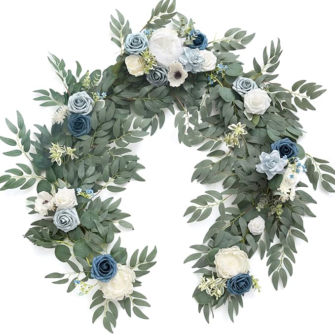 Artificial Flowers Garland, 6 Ft Dusty Blue Rose and Eucalyptus Vine