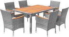 Devoko Dining 7 PCS Furniture, Patio Conversation Set with Acacia Wood Table Top, Outdoor, Beige Cushion and Grey Rattan