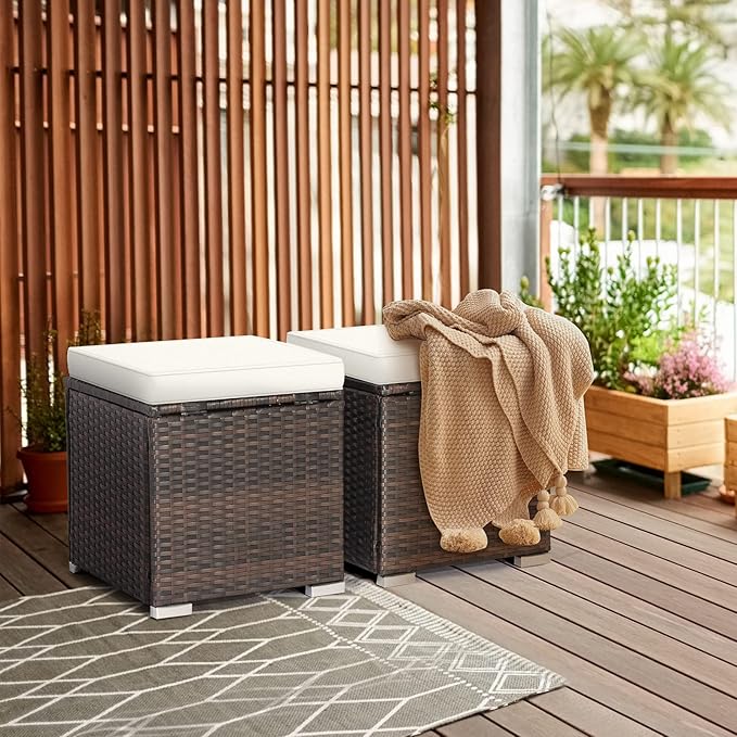 RELAX4LIFE Wicker Outdoor Storage Ottoman, 2-Piece Rattan Footstool w/Removable Cushion, Multipurpose Footrest Stool Side Table Additional Seating, Set of 2 Outdoor Ottomans for Patio Deck (Off White)
