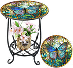 Outdoor Side Table Round Small Mosaic Patio Accent Indoor End Plant Coffee Tea Table for Yard Patio Porch Garden Living Room, Bedroom(Butterfly Style,14 Inch)