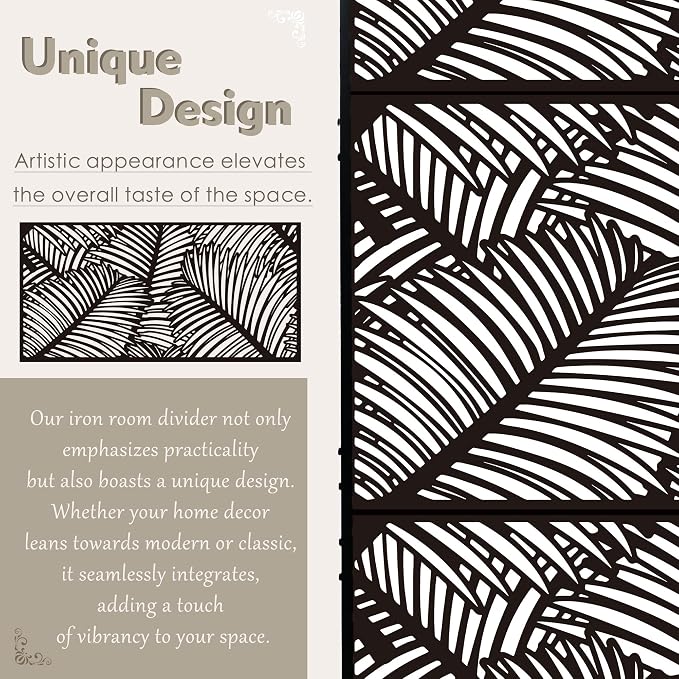 Decorative Fences 3-Panel Metal Privacy Screen, Black Palm Leaf, 74 in H