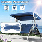 3 Seat Outdoor Porch Patio Swing with Stand 800lbs 2-in-1 Convertible Swing Bed with Adjustable Canopy & Removable Cushion for Yard Garden Deck (Blue, Square Tube)