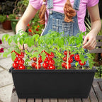 12Pcs 17Inches Rectangle Planter Box with Drainage Holes and Trays Plastic Planters Flower Boxes Pots for Indoor Outdoor Plants Patio Garden Home Decor Porch Yard (Gray)
