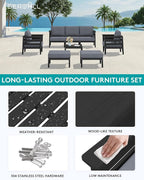 SERWALL HDPE Patio Furniture Set, 8 Pieces Composite Outdoor Furniture, All-Weather Wood-Like Outdoor Sofa Couch with Coffee Table for Deck, Lawn, Black Frame with Grey Cushion