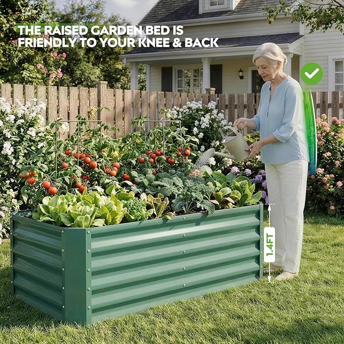ZORMY 4×2×1.4ft Galvanized Raised Garden Bed Kit, Metal Planter Boxes Outdoor, High Raised Beds for Vegetables, Fruits, and Flowers - LotusGreen