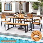 Tangkula 6 Pieces Outdoor Acacia Wood Dining Set, Patio Table and Chairs Set with Bench for 6-7 People, Outdoor Dining Furniture Set with 2" Umbrella Hole for Garden, Backyard and Poolside