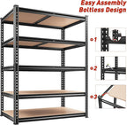 REIBII 2400LBS Storage Shelves 5 Tier Garage Shelving Heavy Duty, Adjustable Metal Shelving, Garage Shelves for Basement, Warehouse, Pantry, Closet, Kitchen 72" H x 35.55" W x 16" D, Black, 3 Pack