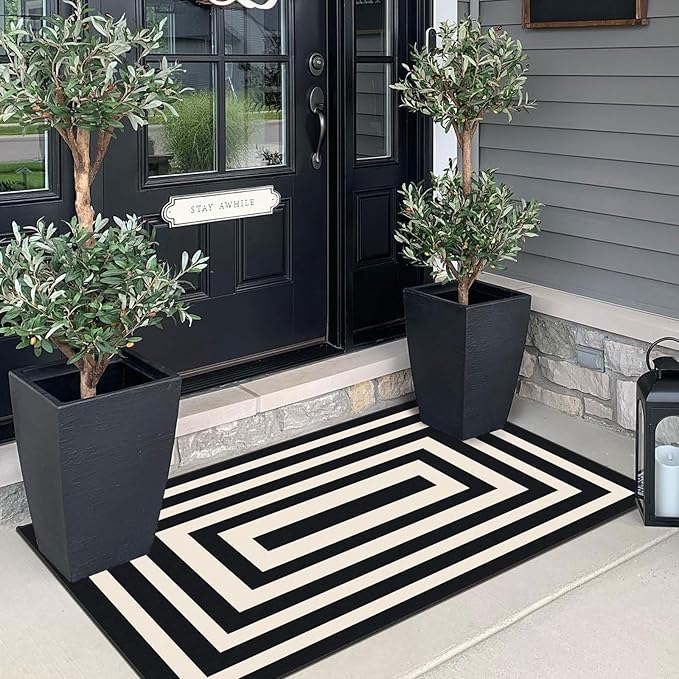 Outdoor Rug Black Ivory Geometric Front Door Mat, 2x4.3 Ft