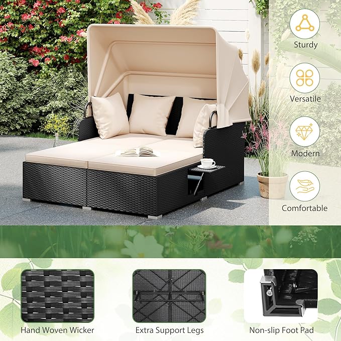 ORALNER Outdoor Daybed, 2-Person Wicker Patio Sofa with Retractable Canopy, Cushions & Pillows, 2 Side Trays, PE Rattan Double Sunbed Lounger for Deck Poolside Backyard Garden Balcony (Khaki)