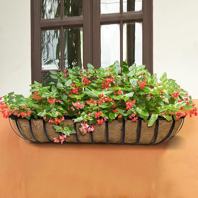 8 Pack 30 Inch Window Deck Railing Planter Boxes with Coconut Liner, Large Hanging Window Flower Boxes Metal Railing Planter for Balcony Fence Porch (8, 30 Inch)