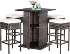 Tangkula 5 Piece Outdoor Rattan Bar Set, Patio Bar Furniture with 4 Cushions Stools and Smooth Top Table with Hidden Storage Shelf, Outdoor Conversation Set for Poolside, Backyard, Lawn