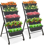 Giantex Set of 2 Vertical Raised Garden Bed on Wheels, Elevated Planter Raised Beds with Water Drainage, Freestanding 5 Container Boxes for Vegetables and Flowers Growing, Outdoor Indoor Patio Balcony