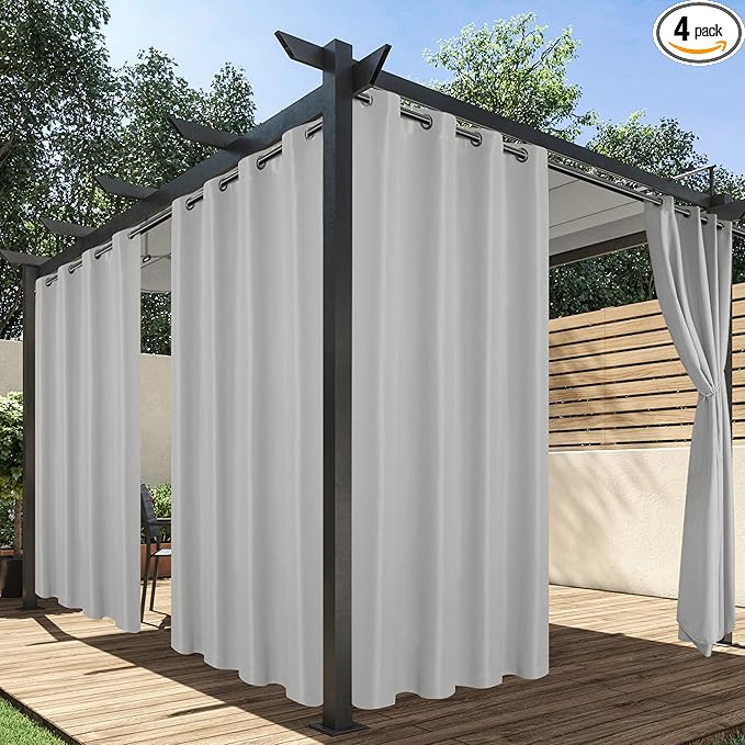 HolidayIdeas Outdoor Curtains for Patio Waterproof, 4 Panels - 54 x 84 Inch - Privacy Protection & Light Filtering Curtains Silver Grommet Outside Curtains for Porch, Gazebo, Pergola, Backyard