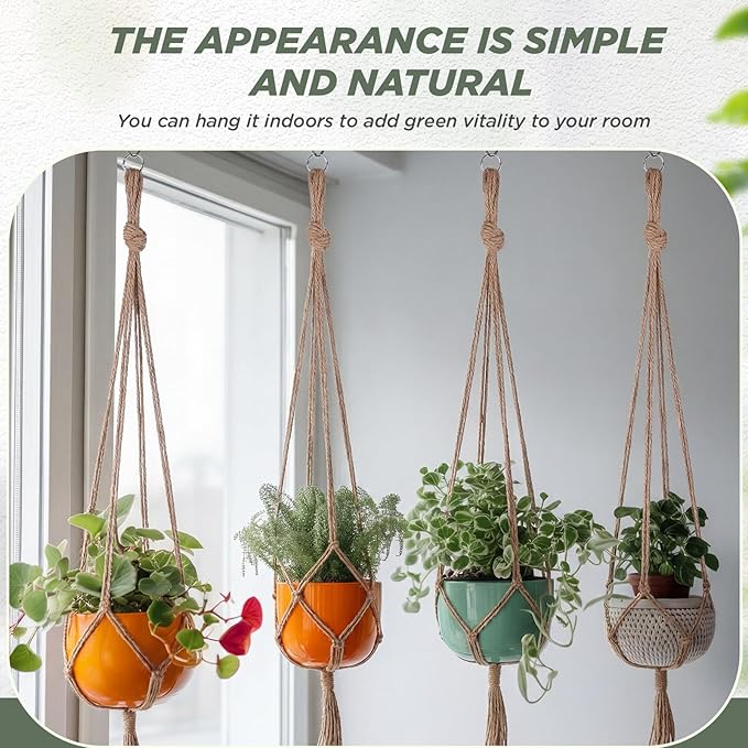 EBOOT 2 Pack 33 Inch Large Macrame Plant Hanger Rope to Hang Flower Pot Plant Holder for Indoor Outdoor Decorations, 4 Legs (Linen Color)