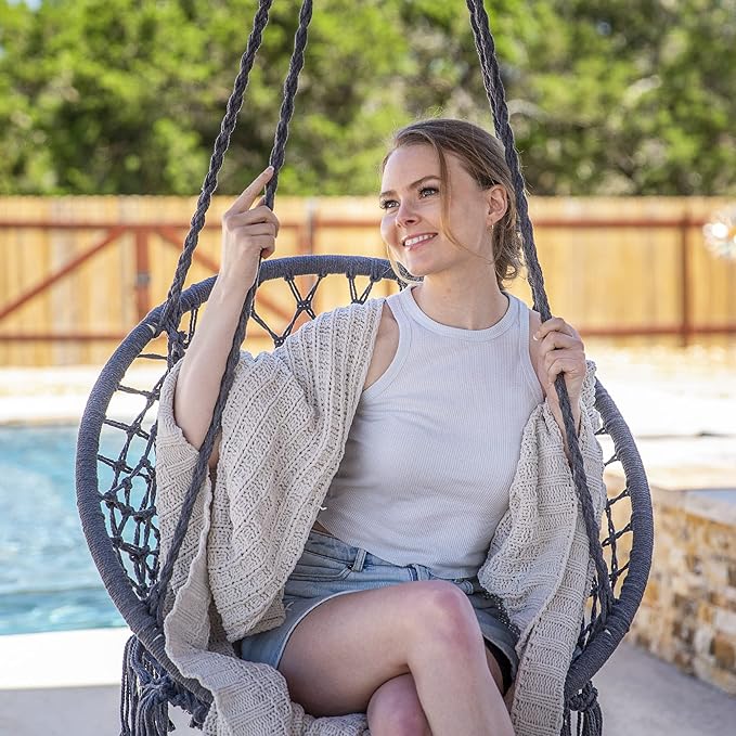 Hammock Chair, Gray Hand-Woven Macrame Swing with Side Pocket, 330 lb Max
