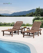 SERWALL Outdoor Chaise Lounge Set of 8, HDPE Pool Lounge Chairs with 5-Position Adjustable Backrest, Patio Loungers with Rolling Wheels & Cup Holder for Pool Sunbathing, Brown